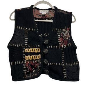 Sandy Starkman Patchwork Embroidered Knit Vest Black Floral Gold Grandmacore‎